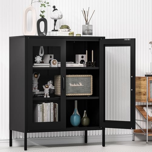 Metal Storage Cabinet with Mesh Doors and Shelves (Black-mesh / 40''H)