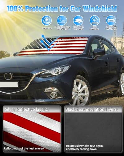 American Flag Car Windshield Sun Shade Compatible with Mazda 3 Hatchback Sedan 2019 (for mazda 3 2019-2023 - USA Flag)
