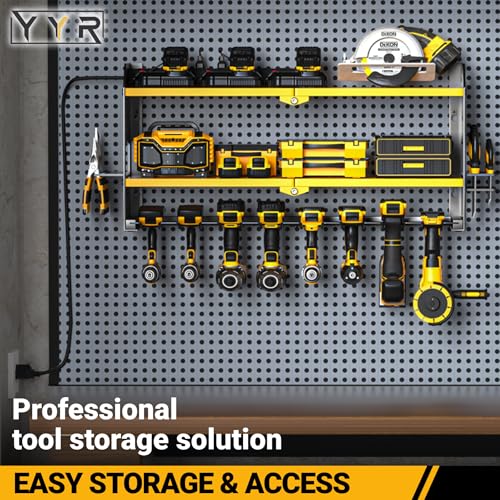 Power Tool Organizer with Charging Station Wall Mount (with Power Strip / Yellow)