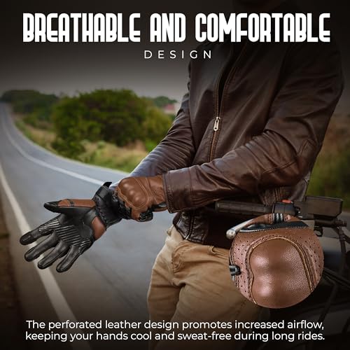 Leather Motorcycle Motorbike Knuckle Protection Powersports Gloves (Black/Brown / Small)