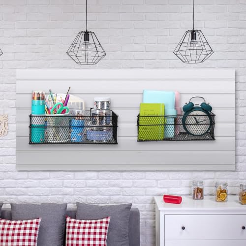 4 Pcs Slatwall Basket Set Ventilated Metal Slatwall Basket Hanging Wire Bins Wall Mounted Accessories for Panel Garage Storage Display Organizing (Assorted Sizes / Black)