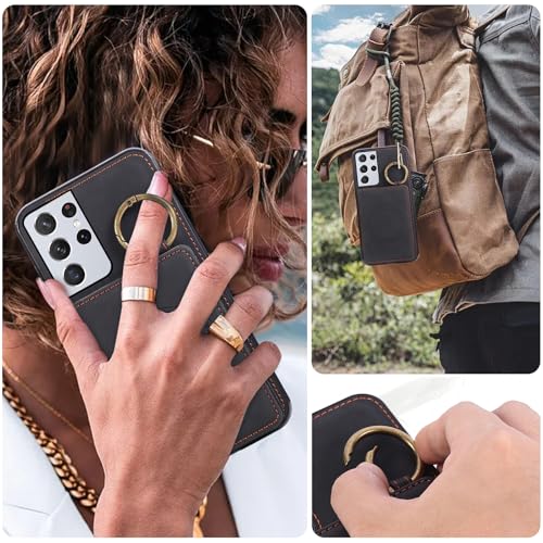 Compatible with Samsung Galaxy S21 Ultra 5G Wallet Case and Screen Protector Crossbody Shoulder Strap Ring Buckle Stand Card Holder Phone Cover for S21ultra 21S S 21 21ultra G5 Women Men Black (Black / for S21 Ultra)