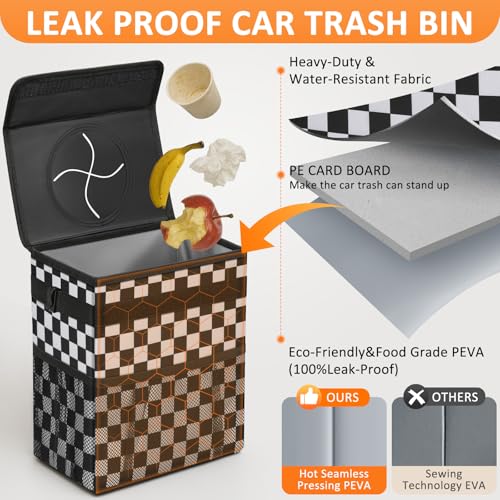 Car Trash Can with Lid Leak Proof Car Accessories for Women (2.2 Gallons / Black White Checkered)