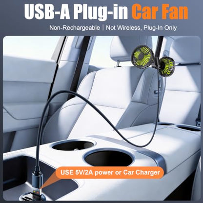 Dual Head USB Car Cooling Fans for Backseat Kids 3 Adjustable Speeds (Black+Silver)