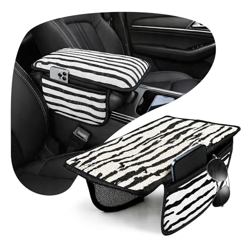 Animal Print Car Center Console Armrest Cover with 2 Side Pockets (Zebra Print)