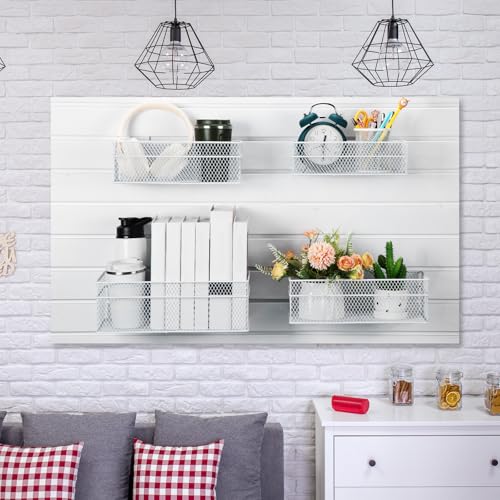 4 Pcs Slatwall Basket Set Ventilated Metal Slatwall Basket Hanging Wire Bins Wall Mounted Accessories for Panel Garage Storage Display Organizing (Assorted Sizes / White)