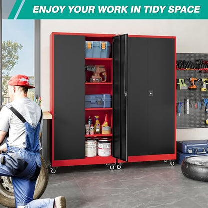 75" Tall Metal Storage Cabinet with Wheels (75"H x 31.5"W x 16"D / Red Black)