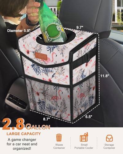 Car Trash Can with Lid Leakproof Car Garbage Bag Vehicle Trash Bin (2.8 Gallons / Flamingo Print)