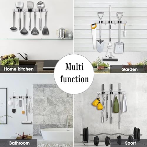 2 Pack Broom Holder Wall Mount (3 Racks & 4 Hooks (Silver) - 2 Pack)