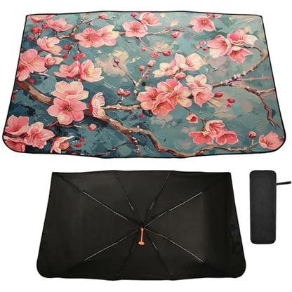 Windshield Sun Shade Umbrella Cherry Blossom Branch Floral Foldable Car Front Window Sunshade Blocks UV Rays Heat Keep Vehicle Cool 55"x27.5" (multi 24)