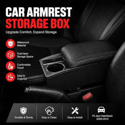 Car Armrest Box Compatible with Honda Fit Jazz Hatchback 2009 (with Cup Holder)