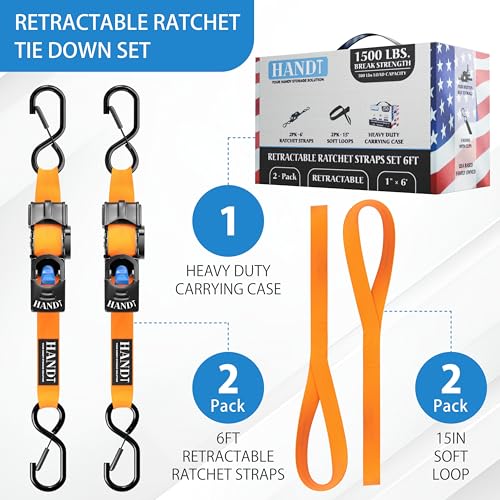 USA Based Retractable Ratchet Straps (1in x 6ft - 2 Pack / Orange)