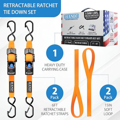 USA Based Retractable Ratchet Straps (1in x 6ft - 2 Pack / Orange)