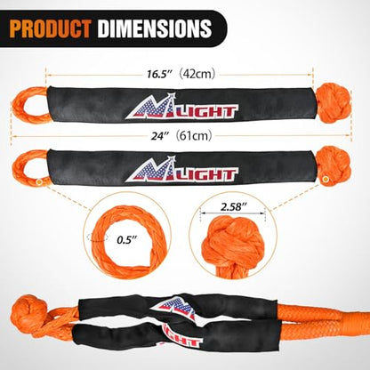 Kinetic Recovery Rope Kit with Soft Shackle Towing Strap (1in x 20ft Rope + 2Pcs Soft Shackle)