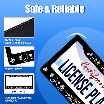 Daisy Butterfly License Plate Frame Stainless Steel Decoration 12.3"x6.3" (Black White Beautiful Butterflies)