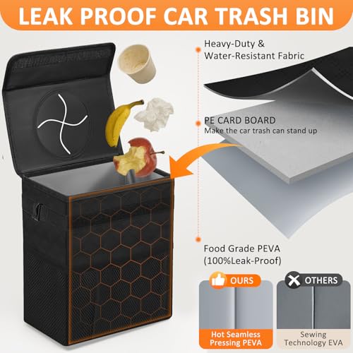 Car Trash Can with Lid Leak Proof Car Accessories for Women (2.2 Gallons / Quilted-Black)