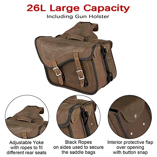 Naked Cowhide Leather Motorcycle Saddle Bags Throw Over Saddlebags (Vintage Brown 26L No Studs & Braided)