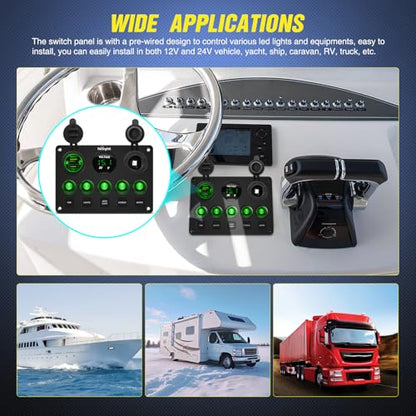 5 Gang Multi Function Waterproof Switch Panel Green (Waterproof Type C + USB Green)
