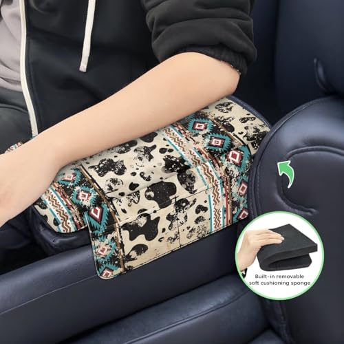 Aztec Cow Print Retro Car Center Console Armrest Cover Comfortable Armrest Seat Box Pad with Organizer Pockets Console Lid Protector Cushion Universal Fit for Most Vehicles SUVs (Aztec Cow Print Retro)