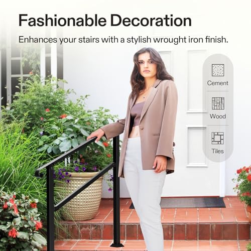 3 Step Stair Handrail 40"x36" Wrought Iron with Curved Ends Black (Black / 3 Steps)
