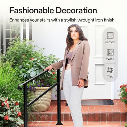 3 Step Stair Handrail 40"x36" Wrought Iron with Curved Ends Black (Black / 3 Steps)