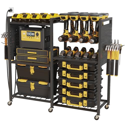 6 Tier Large Power Tool Organizer Cart with Charging Station (Black)