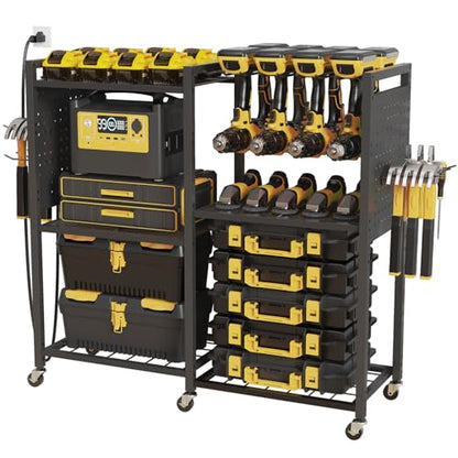 6 Tier Large Power Tool Organizer Cart with Charging Station (Black)