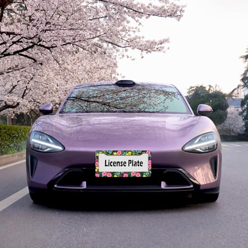 Pink Wildflowers License Plate Frame for Women Cute Colorful Flowers License Plate Holder Frame Girly Floral Car tag Frame Metal Aluminum Rustproof Decorative Car Accesories with Screws (Pink flowers)