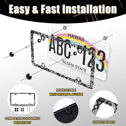 Black White Paisley Stainless Steel Boho License Plate Frame 12.2 x 6.2Inch (Black and White Paisley Print)