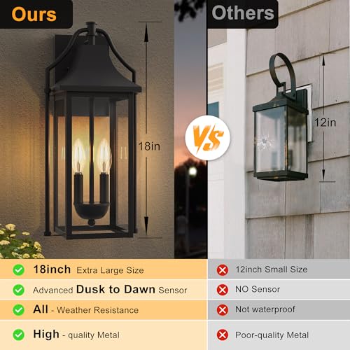 18IN Dusk to Dawn Outdoor Wall Sconce (Black(with Black Base) / 18inch 2-e12 Base)