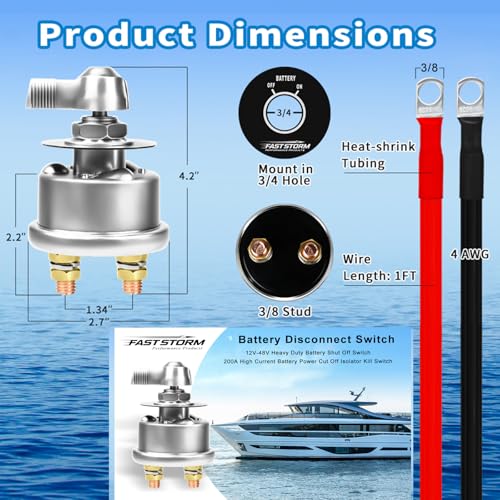 200A Battery Disconnect Switch 12V 48V Battery Shut Off Switch Master Power Isolator Marine On Off Kill Switch for Car (200A Battery Disconnect Switch with Cable)