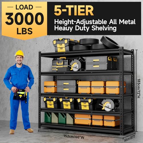 5 Tier 60”W X 20”D X 72”H Garage Shelving Heavy Duty 3000LBS Shop Shelves Heavy Duty Adjustable Unit Rack Metal Rack (Black-visible Hole / 60"W x 20"D x 72"H)