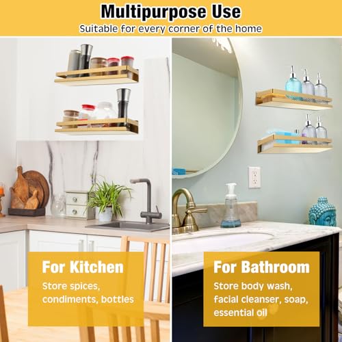 2 Pieces Stainless Steel Shelf Bathroom Shower Floating Shelves Wall Mounted Shower Caddy Basket Shelf Storage Organizer Shelves for Bathroom (15.75 Inch/ 40 cm / Gold)