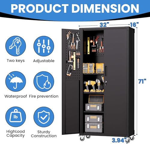 Metal Storage Cabinet for Garage (Black / L - 2 Doors & Pegboard (Wheeled))