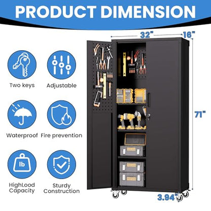 Metal Storage Cabinet for Garage (Black / L - 2 Doors & Pegboard (Wheeled))