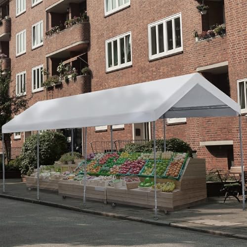 Carport Replacement Canopy Cover for Car Tent Top Garage Shelter Cover Tarp with Ball Bungees (White / 10' x 20')