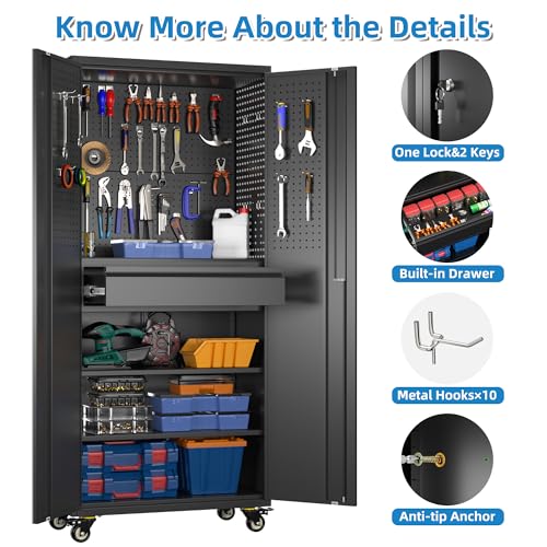71"H Garage Storage Cabinet with Wheels (Black / 15"D x 30"W x 71"H)