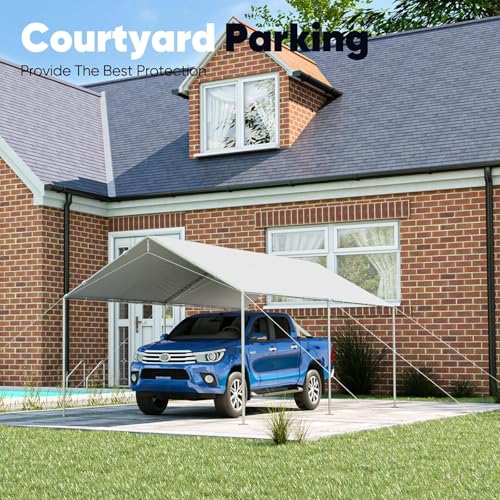 10x20 ft Heavy Duty Car Canopy Galvanized Frame Carport Outdoor Party Tent Boat Shelter with 3 Reinforced Steel Cables (Gainsboro / 10'x20')