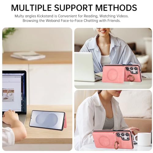 Compatible with Samsung Galaxy S25 Ultra 5G Wallet Case and Screen Protector Crossbody Shoulder Strap Ring Buckle Stand Card Holder Cell Phone Cover for S25Ultra 25S S 25 25Ultra 2025 Women Men Pink (Rose Gold / for S25 Ultra)