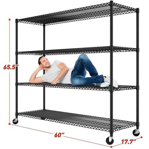 60''W Storage Shelves 2399LBS Metal Shelving Unit with Wheels & Feet (4-Tier,60" W X 65.5" H X 18" D)