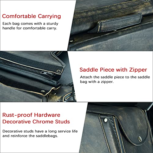 Naked Cowhide Leather Motorcycle Saddle Bags Throw Over Saddlebags (Distressed Brown 26L No Studs & Braided)