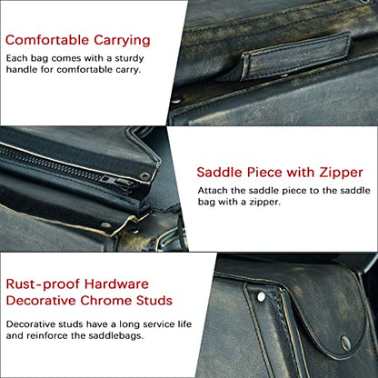 Naked Cowhide Leather Motorcycle Saddle Bags Throw Over Saddlebags (Distressed Brown 26L No Studs & Braided)