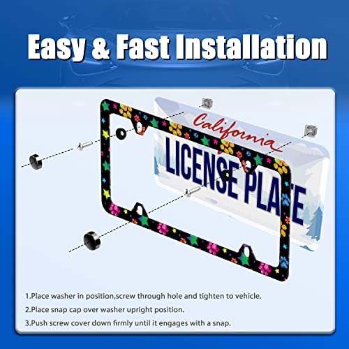 Colorful Paw License Plate Frame Stainless Steel Accessory 12.3x6.3 Inch (Paw and Star)