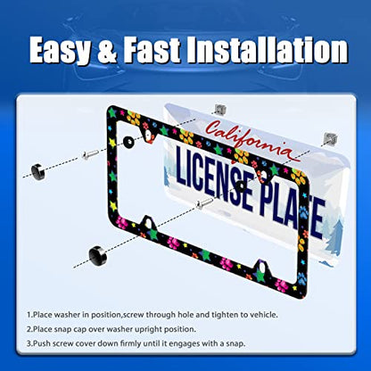 Colorful Paw License Plate Frame Stainless Steel Accessory 12.3x6.3 Inch (Paw and Star)