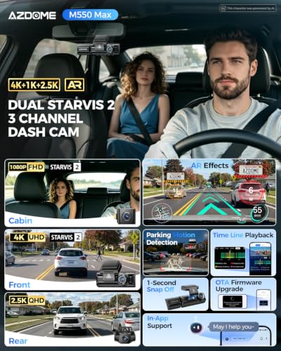 M550 Max 4K 3 Channel Dash Cam Front and Rear Inside (Black)