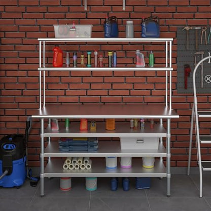 24" x 60" Stainless Steel Work Table with 3 Shelves and 12" Wide Double Tier Overshelf (24" x 60" Table with 3 Shelves + 12" Overshelf)