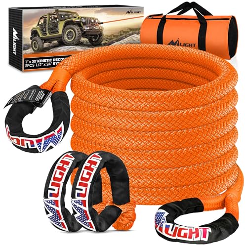 Kinetic Recovery Tow Rope Kit with 2 Soft Shackle 1" x 30ft Heavy Duty Offroad Tow Rope Snatch Strap Towing Strap kit (1in x 30ft Rope+2Pcs Shackles / Straps)
