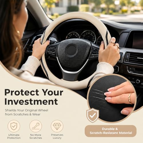 Beige Steering Wheel Cover with Coasters Leather Universal 15 inch (Medium / beige)