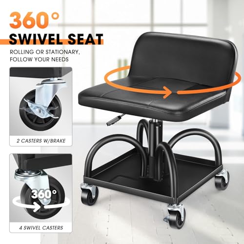 Rolling Padded Seat Adjustable Height Seat 330lbs Capacity Rolling Mechanic Creeper Stool (Square Tray Black)