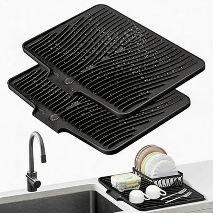 Silicone Dish Drying Mat for Kitchen Counter (Black-2pcs / 20" x 15")